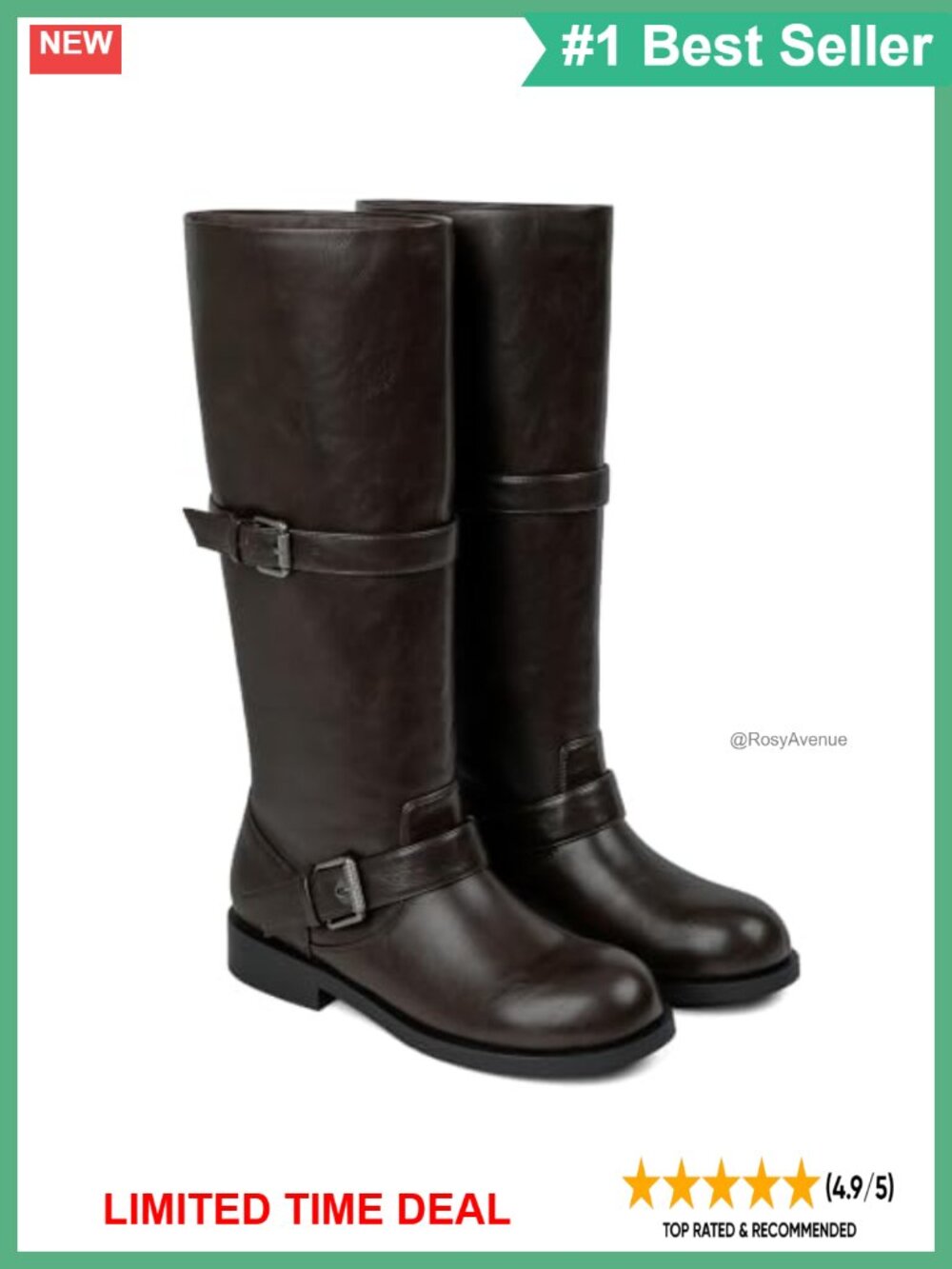 Faux Leather Knee High Riding Boots Flat Block Heel Double Buckle